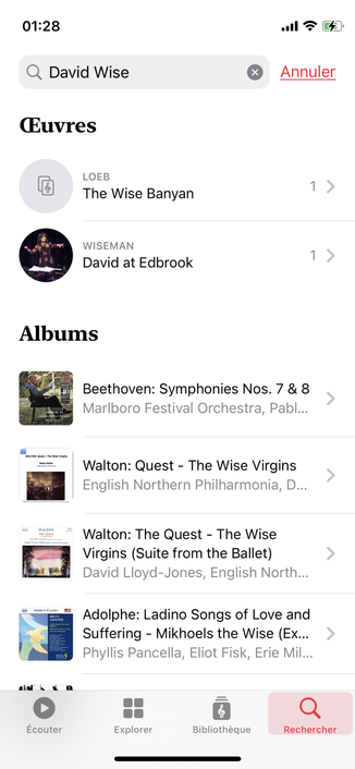 iPhone screenshot of the Apple Music Classical search results for “David Wise”, showing no relevant result