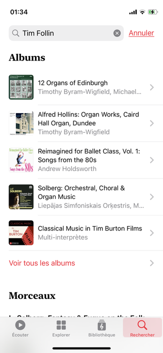 iPhone screenshot of the Apple Music Classical search results for “Tim Follin”, showing no relevant result