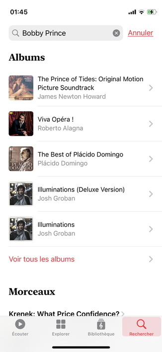 iPhone screenshot of the Apple Music Classical search results for “Bobby Prince”, showing no relevant result