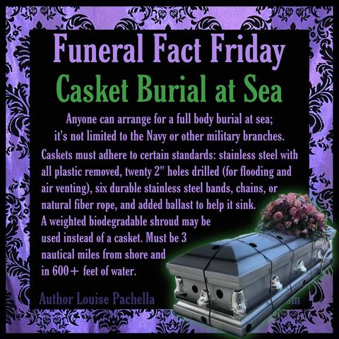 A purple damask frame around a black background. A gray metal casket has a flower spray on top and a series of holes drilled into the sides and lid. Metal straps secure the casket closed. Text reads. “Funeral Fact Friday
Casket Burial at Sea
Anyone can arrange for a full body burial at sea; it's not limited to the Navy or other military branches.
Caskets must adhere to certain standards: stainless steel with all plastic removed, twenty 2" holes drilled (for flooding and air venting), six durable stainless steel bands, chains, or natural fiber rope, and added ballast to help it sink.
A weighted biodegradable shroud may be used instead of a casket. Must be 3 nautical miles from shore and in 600 + feet of water.”