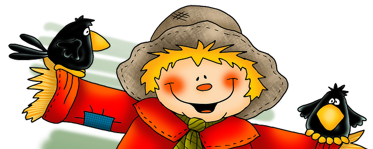 A close-up of the face of a colourful, happy scarecrow.