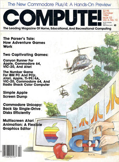 Compute 53 cover, with drawing of helicopters flying by above apple, commodore and atari logos. Commodore unicopy highlighted as part of cover table of content