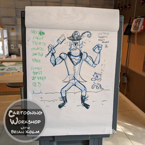 From the cartooning 101 workshops I taught at the Atherton CA library.

We drew a: One eyed pirate robot with a kitten spatula.