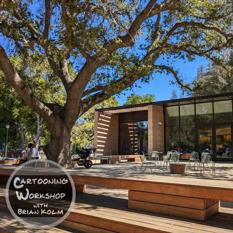 From the cartooning 101 workshops I taught at the Atherton CA library.
The lovely setting with it's big shady trees.