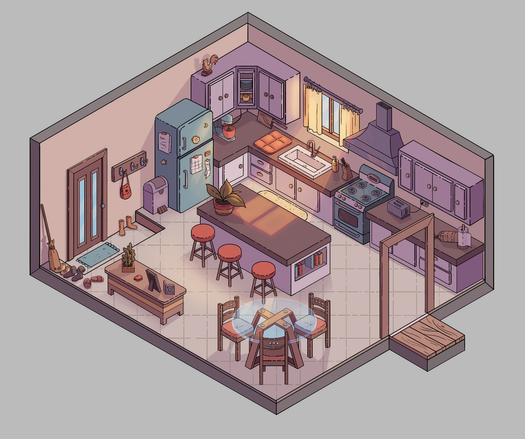 A cozy kitchen rendered in pastel orange, purples and blues. Daylight filters in through an open window with yellow curtains. On the counter a potted plant rests.