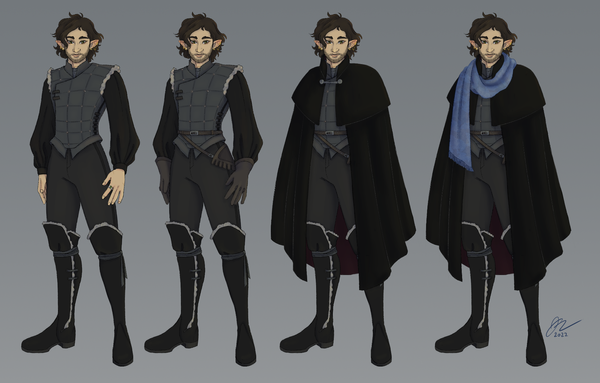 A clothing breakdown of a young half-elven man. He has lightly tanned skin, wavy collar length brown hair, thick eyebrows, green eyes and a beard. His ears are pierced.

In the first stage of the clothing breakdown, he is wearing above the knee black boots with light grey fur trim, black tight fitting pants, a charcoal grey leather fencer's jerkin and a black shirt with puffy pirate sleeves. He wears a ring on his right index finger.

The second stage, brown leather gloves and a rapier holster are added.

The third stage a black cloak with a high collar and a silver clasp are added. The cloak has a deep red interior lining and falls to about shin length.

The fourth stage a light blue scarf is added.