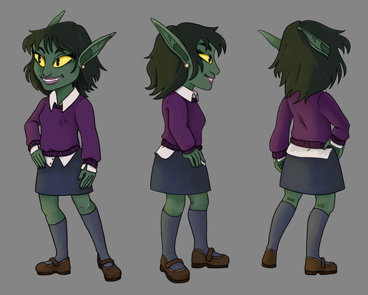 A three point turn around of a young goblin girl with large yellow eyes and unruly green hair. She has shocking pink lipstick and pearl earrings. She is wearing a white button up shirt with a purple sweater layered on top. To compliment her sweater, she wears a gray pencil skirt, grey knee socks and brown Mary Jane shoes.