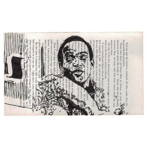 Pen drawing of Ken Foree standing in a mall drawn on a torn-out book page