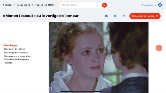 Page d’accueil du parcours sur « Manon Lescaut » ou le vertige de l’amour : gros plan sur Manon, de trois quarts face, qui regarde le chevalier des Grieux, de trois quart dos.