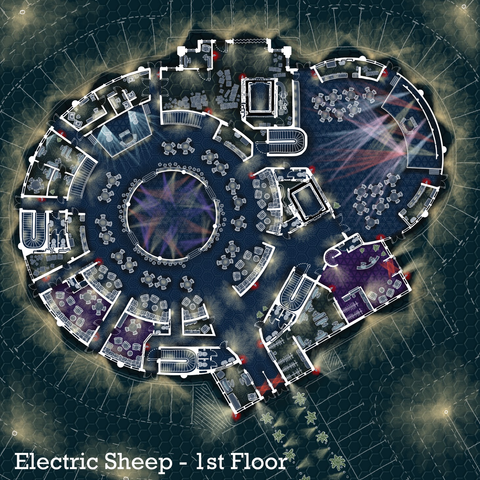 Blueprint style hex map of a nightclub ground floor