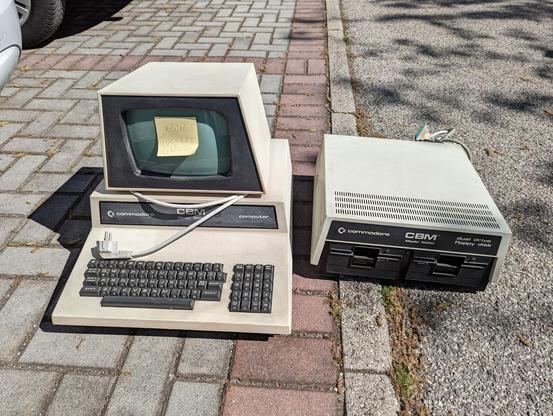 Commodore PET 3032 plus 8050 disk drive unit ready to be loaded in the car.