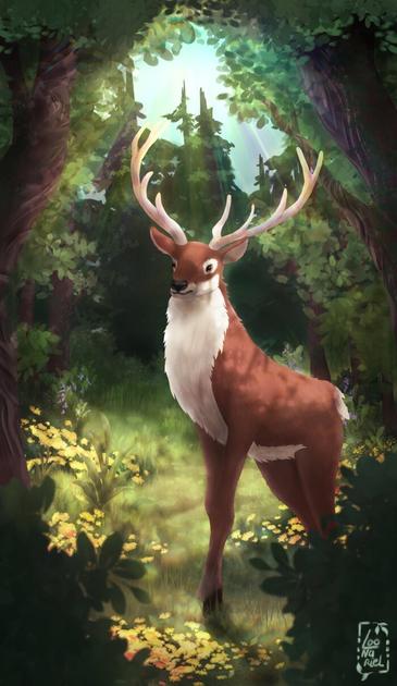 A deer surrounded in a forest, lit by rays of the sun