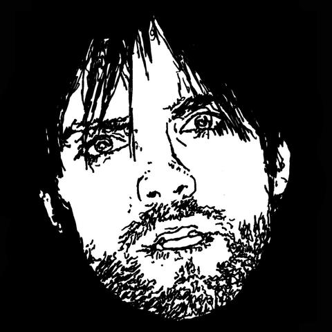 Pen drawing of an unshaven Thomas Dekker looking confused, drawn on a black background