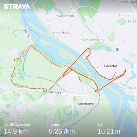 Routekaart van de 15 km bij de IJsselloop in Deventer vandaag. Afstand 14,9 km Tempo 5:26/km Tijd 1u21m