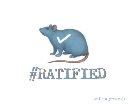 A sweet little blue rat with pink ears and pink nose and a pink tail. He has a white checkmark on him underneath the word. #Ratified signed @Pineywoozle