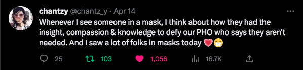 A tweet by Chantzy that says
"whenever I see someone in a mask, I think about how they had the insight, compassion & knowledge to defy our PHO who says they aren't needed.  I saw a lot of folks in masks today". {Chantzy is from Vancouver BC]