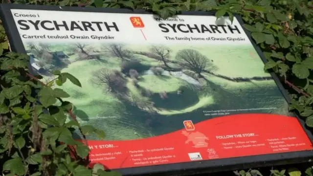 Photo of a bilingual sign with Welsh and English writing, a picture of a mound in a landscape, and some very minimal interpretation text. The sign is surrounded by brambles. (Photo from the BBC article, unknown photographer)