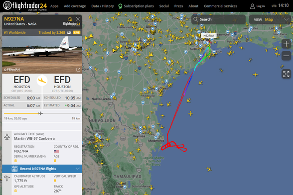 Screenshot from Flightradar of a plane flying from Houston, south over the gulf towards the Mexian coast where it did a few turns before returning to Houston