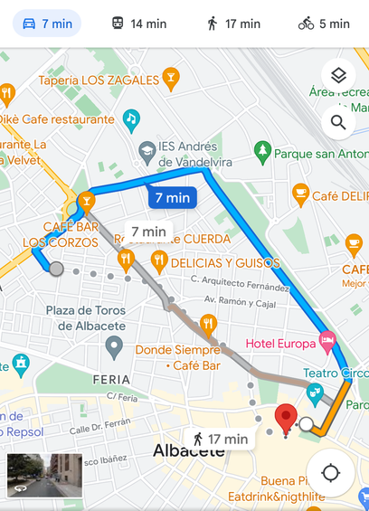 Desplazamiento de Albacete al centro urbano. 7 min en coche, 14 en autobús, 17 caminando y 5 en bicicleta