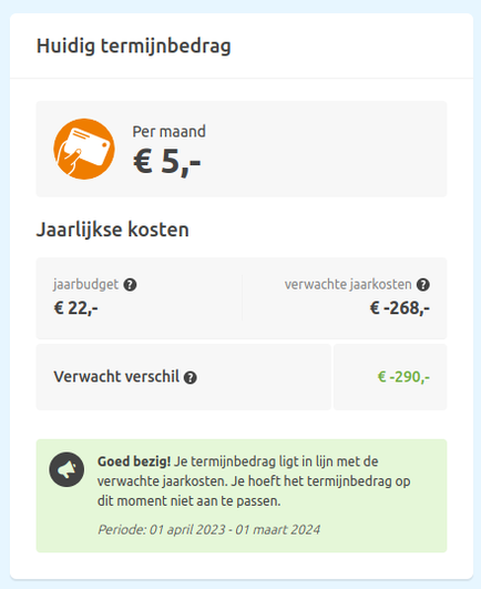 Screenshot of energy company website. We'll pay €5 per month from now on and they expect to owe us €290 at the end of the year.