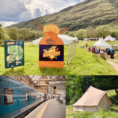 Compositie photo, showing a view of FyneFest in the Loch Fyne glen, the Caledonian Sleeper at a platform in Glasgow Central station, and a bell tent in a meadow.