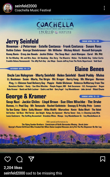 A fake poster reimagining Coachella's lineup with characters from Seinfeld.