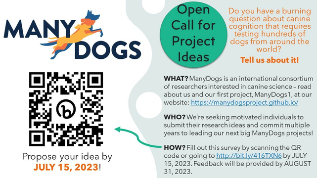 This is a poster advertisement for the ManyDogs project.  It is a call for project ideas.  All proposals should be submitted by July 15, 2023, at the following website: bit.ly/416TXN6.

Project leaders should be interested in committing multiple years to leading the next big ManyDogs project.