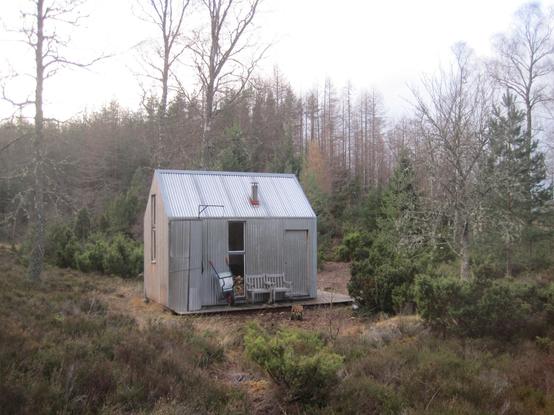 a small modern bothy in a wood - tin roof, a bench outside, a sense of stillness