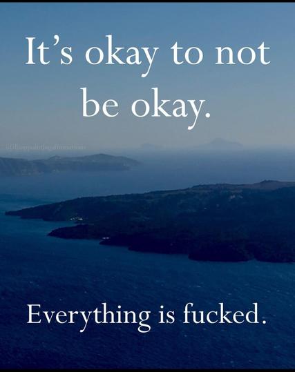 Motivational poster showing a moody view of a península or island from above. The caption reads: "It's okay to not be okay. Everything is fucked"