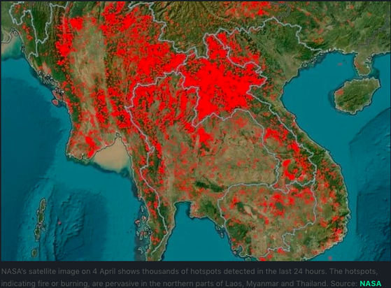 NASA satellite image of seasonal pervasive fire 'hotspots' throughout the Indochina sub-region of Southeast Asia.