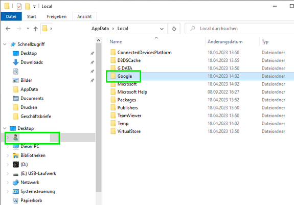 Screenshot des Windows-Explorers. Links in der Baumansicht ist der Benutzerordner markiert, rechts im Hauptfenster der Ordner "Google".