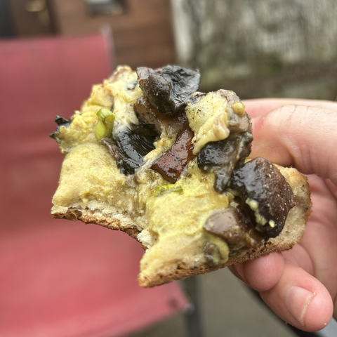 An extreme closeup of a piece of pizza bread after I took a bite. The bacon, cheese and mushrooms are done to perfection; the sauce stiffened up a bit but is still more fluid than solid and the crumb & crust are excellent.