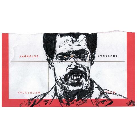 Pen drawing of Steve James with gritted teeth drawn on a torn weekly planner.