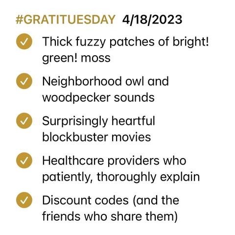 Screenshot of Notes app checklist list with all items marked as complete. List reads:

#GRATITUESDAY  4/18/2023
- [x] Thick fuzzy patches of bright! green! moss
- [x] Neighborhood owl and woodpecker sounds 
- [x] Surprisingly heartful blockbuster movies
- [x] Healthcare providers who patiently, thoroughly explain
- [x] Discount codes (and the friends who share them)