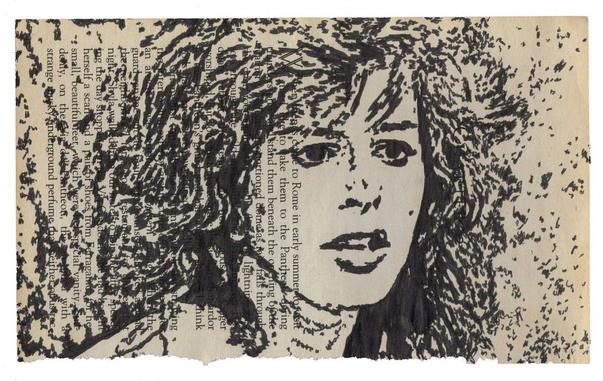 Pen drawing of a close-up of Lucinda Dickey’s face drawn on a torn-out book page.