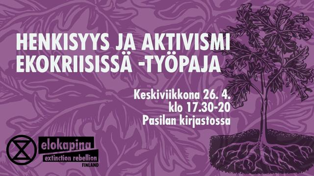 otsikkokuva. violetti tausta ja musta piirros jossa puu juurinen.

Henkisyys ja aktivismi ekokriisissä -työpaja

ke 26.4 klo 17:30-20 Pasilan kirjastossa