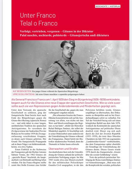Screenshot des Artikels mit dem Titel "Unter Franco". Darauf ist neben dem Text des Artikels auch ein Foto eines Soldaten im spanischen Bürgerkrieg zu sehen, wie er für ein Foto in einem Studio posiert.