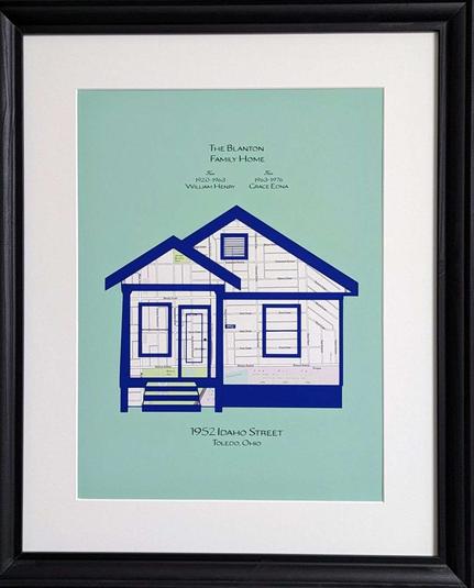 Print in a frame of a house outlined in blue with cutouts revealing a map.