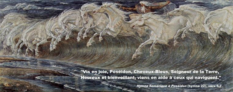 L'image est un tableau du 19e siècle. Il montre des vagues qui déferlent sur un rivage et prennent la forme de grands chevaux blancs, tirant le char d'un dieu barbu armé d'un trident.
Une citation d'un Hymne homérique à Poséidon (Hymne homérique n°22, vers 5-7) accompagne l'image : "Vie en joie, Poséidon, Cheveux-Bleus, Seigneur de la Terre, / Heureux et bienveillant, viens en aide à ceux qui naviguent."