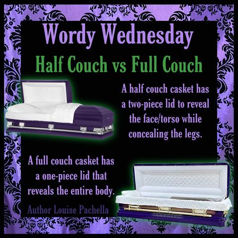 A purple damask frame around a black background and two pictures of caskets. Text reads, “Wordy Wednesday: Half Couch vs Full Couch. 
A half couch casket has a two-piece lid to reveal the face/torso while concealing the legs.
A full couch casket has a one-piece lid that reveals the entire body.”