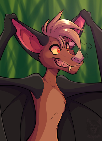 Digital drawing of Batty Koda from Ferngully. A stylized redraw of a screenshot from the movie of Batty pulling on his ears, and smiling in a dopey and unhinged manner.