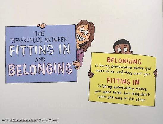 Girl's sign: "The Differences Between Fitting In and Belonging."
Boy's sign: "Belonging is being somewhere you want to be, and they want you. Fitting In is being somewhere you want to be, but they don't care one way or the other."