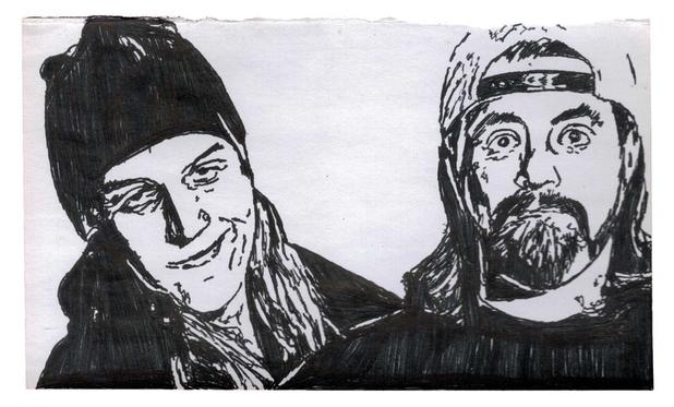 Pen drawing of Jay and Silent Bob smiling drawn on a torn-out long notebook page.