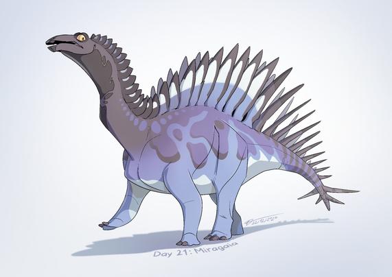 A curious looking stegosaur dinosaur in a stricking colour scheme, drawn in a stylised art style