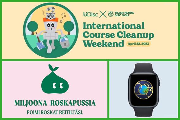 Kolmen kuvan kooste. 1. kuvassa on frisbeegolfaajien International Course Cleanup Weekend siivoustapahtuman logo. 2. kuvassa Yleisradion Miljoona roskapussia kampanjan logo. 3. kuvassa on Apple Watch älykello jonka näytöllä Earth Day Challenge 2023 tunnus.