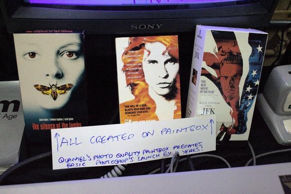 VHS boxes of Silence of the Lambs, The Doors, and JFK, with a note stating all this art was done on the Paintbox.