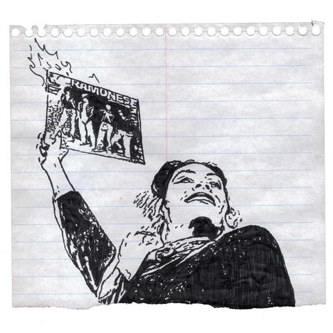 Pen drawof Mary Woronov holding up a burning Ramones album and smiling.