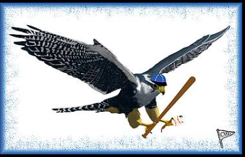 Our falcon mascot is playing baseball, with a blue background.