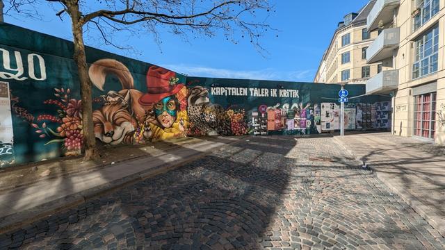 The capitalists do not tolerate criticism. Statement written by danish graffiti artist SPYO.

Written on a plank work in inner Copenhagen. Graffiti on the left made by other artists unknown to me depicts very colourful bird, a female face with a green mask covering her upper face, red detective hat and what looks like a cat laughing on her left side.
