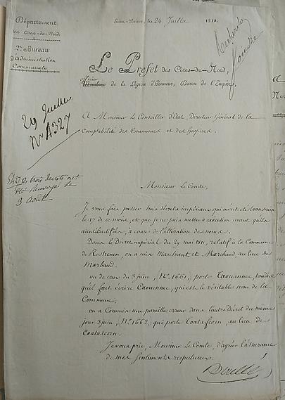 Le préfet des Côtes-du-Nord signale 3 erreurs de noms de communes / lieux-dits dans des décrets impériaux